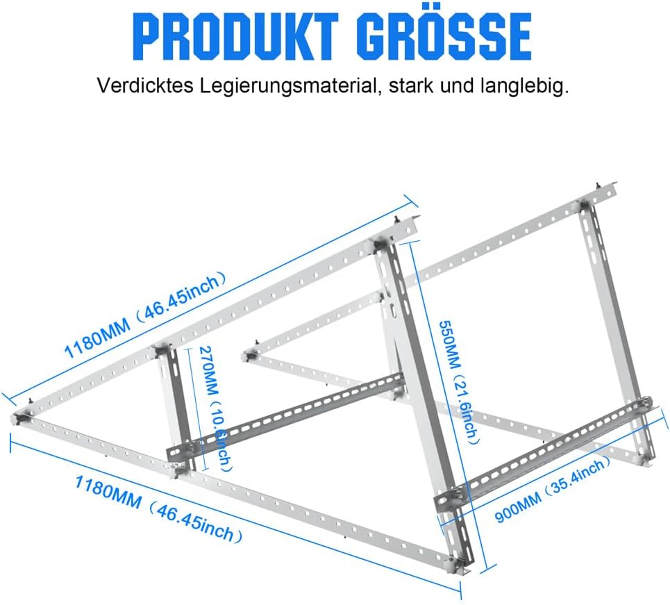 Verstärkte Solarpanel-Halterung Aluminium Verstärkte Balkon-Kraftwerkshalterung 118CM Montagewinkel 0-90° Solarpanel-Montagesatz für 100W-800W Geeignet für Flachdächer Wände Wohnwagen Boote 2 set