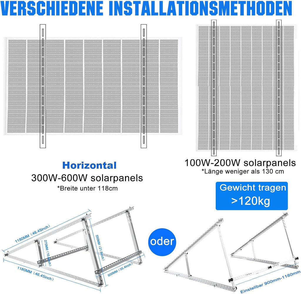Verstärkte Solarpanel-Halterung Aluminium Verstärkte Balkon-Kraftwerkshalterung 118CM Montagewinkel 0-90° Solarpanel-Montagesatz für 100W-800W Geeignet für Flachdächer Wände Wohnwagen Boote 2 set