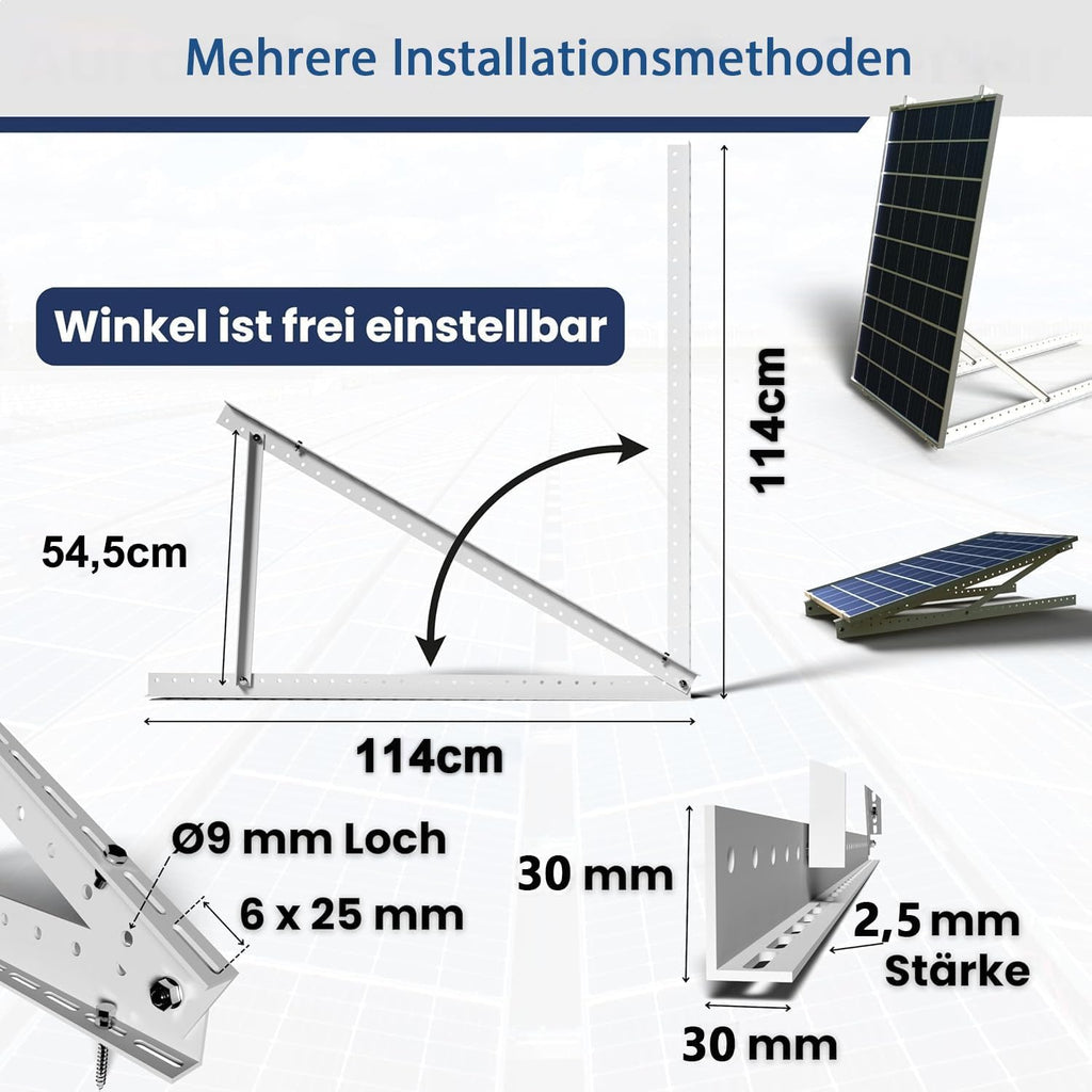Solarmodul Halterung, 114cm 2 Paar Solarpanel Halterung, Halterung Balkonkraftwerk für 100W-500W Solarpanel, Winkel Einstellbar 0-90° Halterung für Solarpanel, für Dachhalterungen Solarmodule