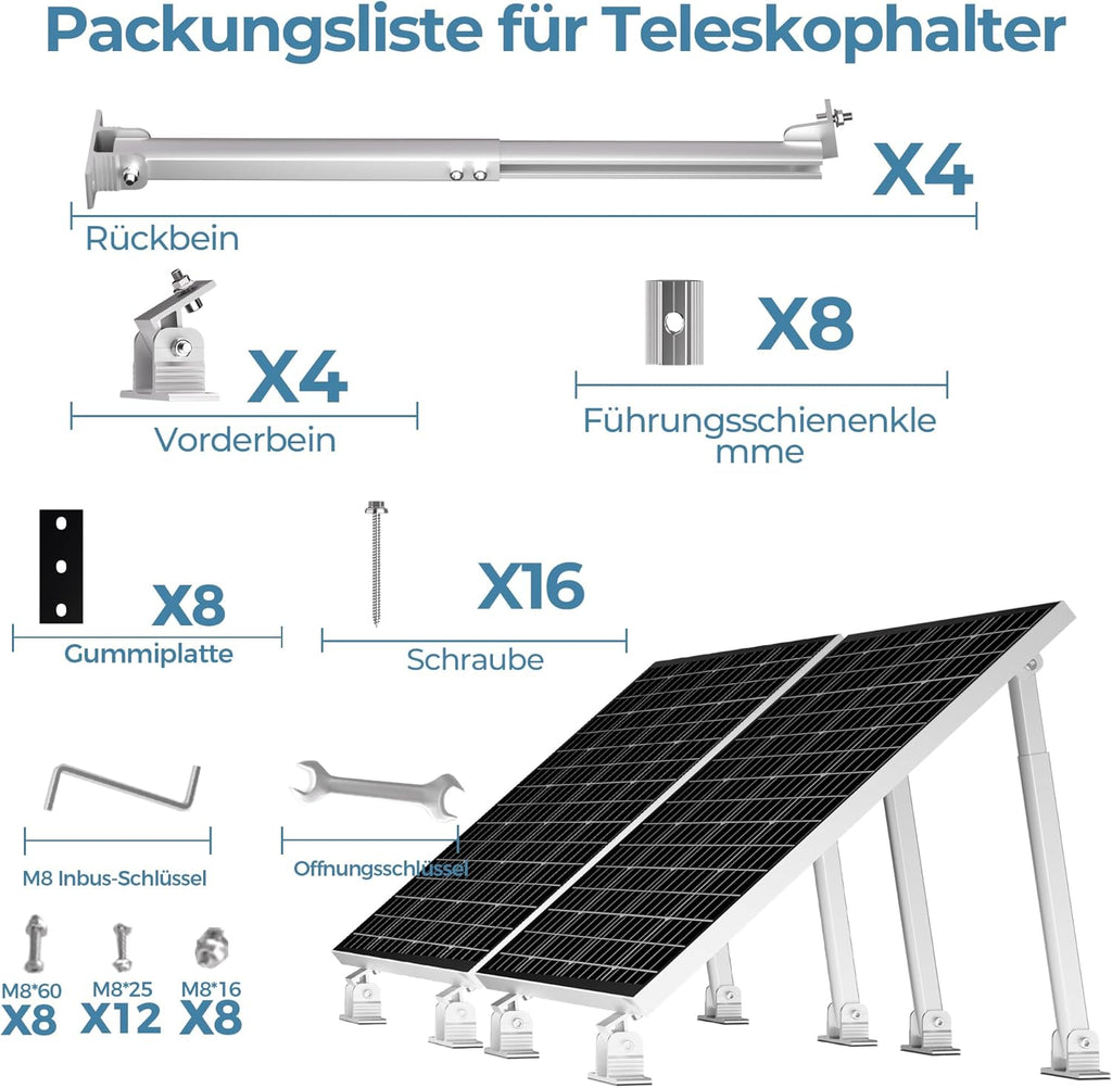 Balkonkraftwerk Solarmodul 2 Paneele SET 15°-30° solarpanel halterung Flachdach Verstelbar Photovoltaik Universal Wand Flachdachmontage for 100W-600W, PV Module Einfache Befestigung