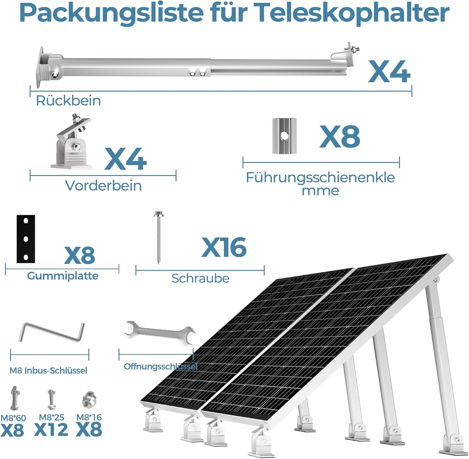 Balkonkraftwerk Solarmodul 2 Paneele SET 15°-30° solarpanel halterung Flachdach Verstelbar Photovoltaik Universal Wand Flachdachmontage for 100W-600W, PV Module Einfache Befestigung