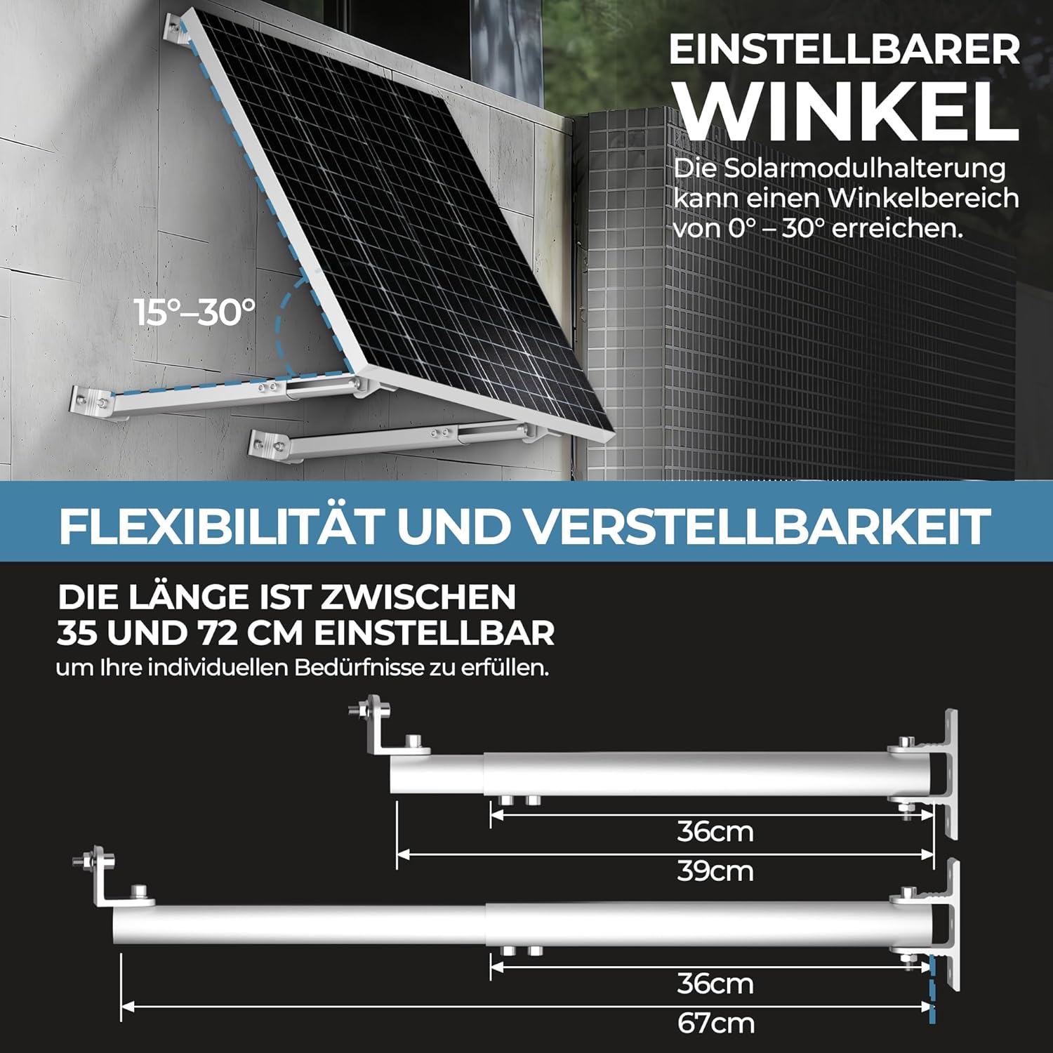 Balcony Power Plant Solar Module 2 Panels SET 15°-30° Solar Panel Mount Flat Roof Adjustable Photovoltaics Universal Wall Flat Roof Mounting for 100W-600W, PV Modules Easy Installation